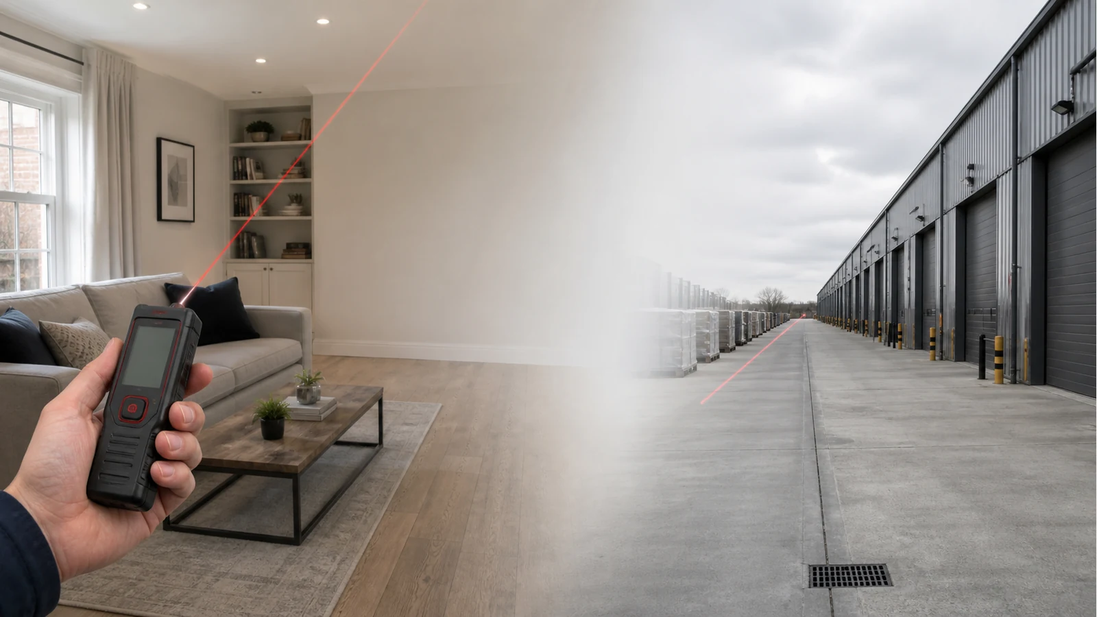 Comparison scene of indoor room measuring versus long outdoor distance measuring with a laser meter