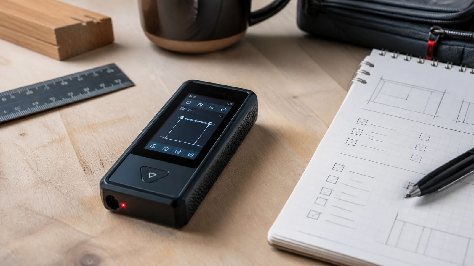 Touchscreen laser distance meter on a workbench next to a handwritten feature checklist