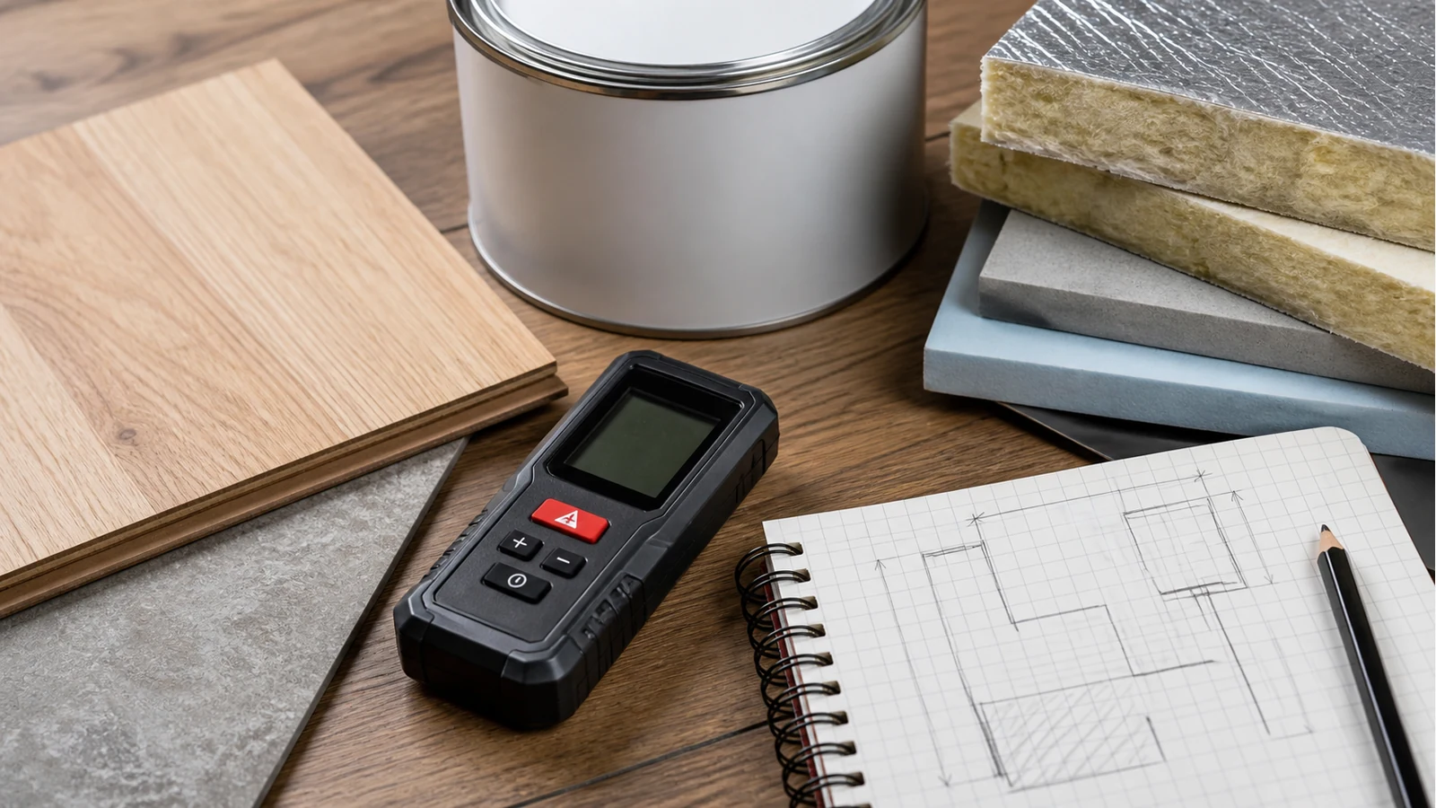 Laser distance meter beside paint and flooring samples with a square-metre sketch note