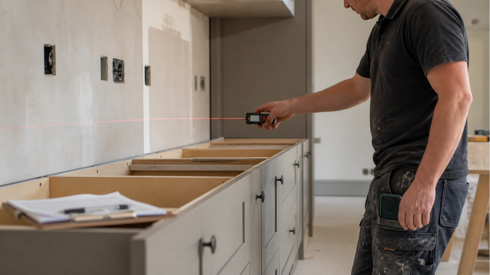 Kitchen fitter measuring cabinet run lengths with a handheld laser distance meter