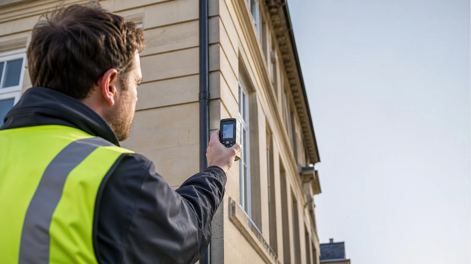 Surveyor using a handheld laser distance meter to aim at a building facade in bright daylight